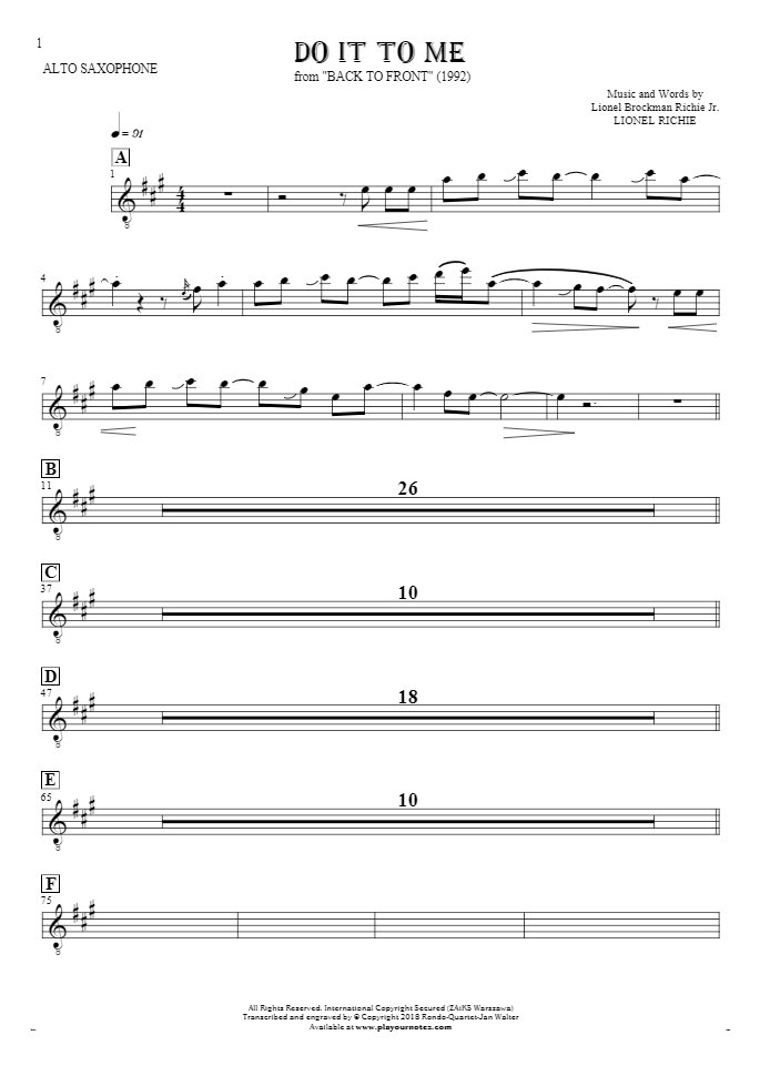 Do It To Me - Notes for alto saxophone