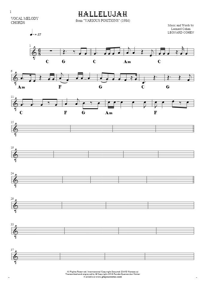 Hallelujah - Notes and chords for solo voice with accompaniment
