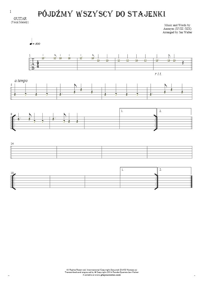 Pójdźmy wszyscy do stajenki - Tablature (rhythm. values) for guitar - melody line