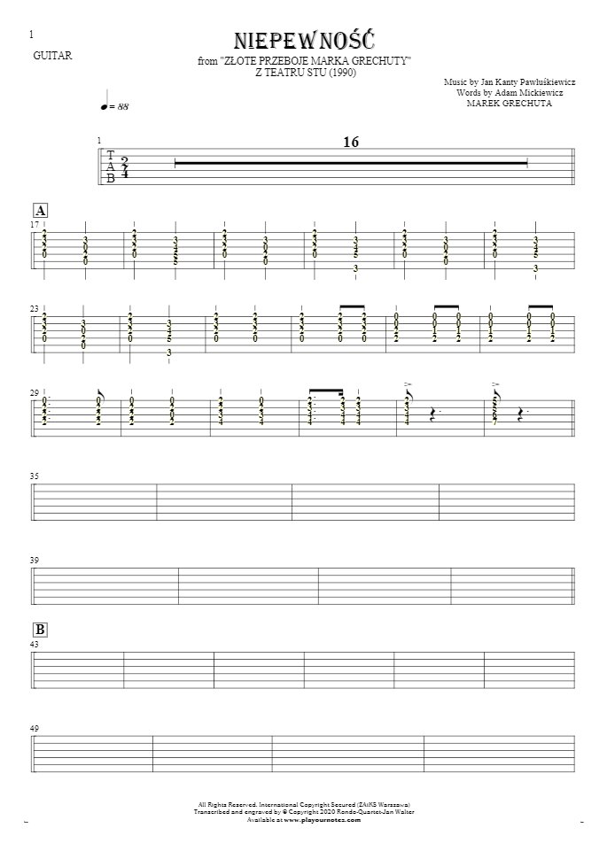 Uncertainty - Tablature (rhythm. values) for guitar