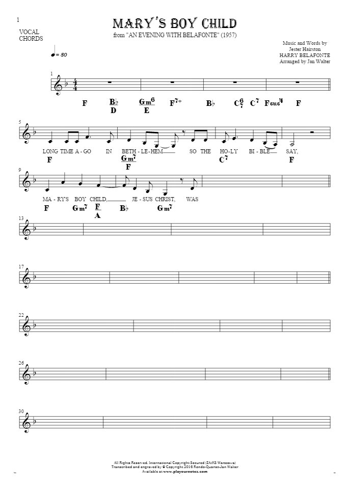 Mary's Boy Child - Notes, lyrics and chords for vocal with accompaniment