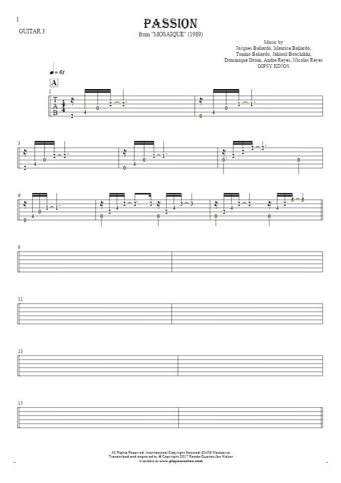 Passion - Tablature (rhythm. values) for guitar - guitar 3 part