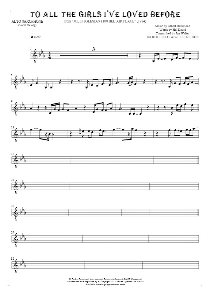 To All The Girls I’ve Loved Before - Notes for alto saxophone - melody line