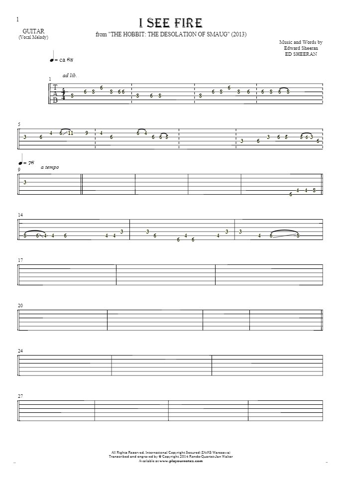I See Fire - Tablature for guitar - melody line