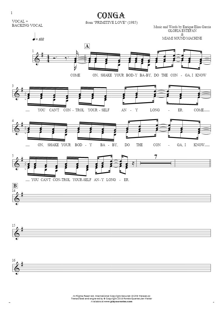Conga - Notes and lyrics for vocal