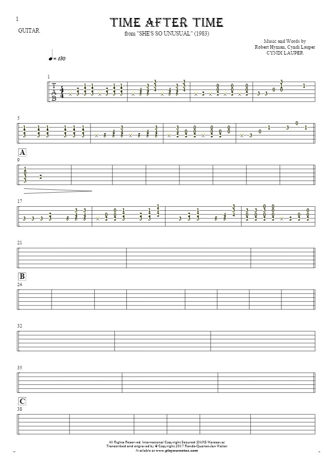 Time After Time - Tablature for guitar