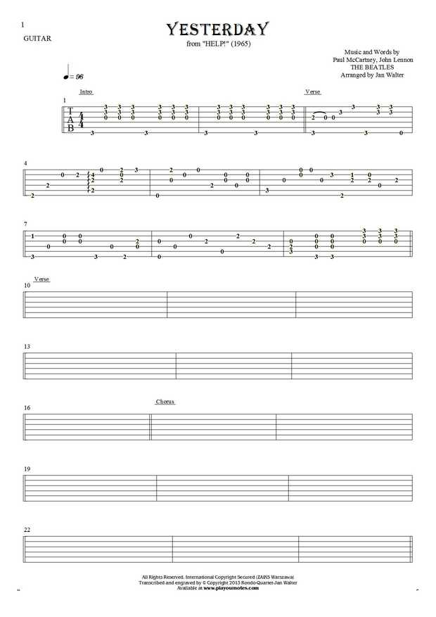 Yesterday - Tablature for guitar solo (fingerstyle)
