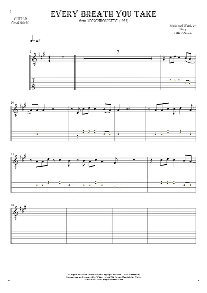 Every Breath You Take - Notes and tablature for guitar - melody line |  PlayYourNotes