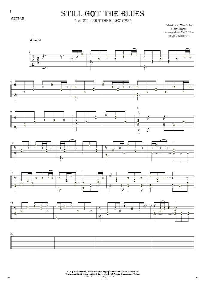 Still Got The Blues - Tablature (rhythm. values) for guitar solo (fingerstyle)