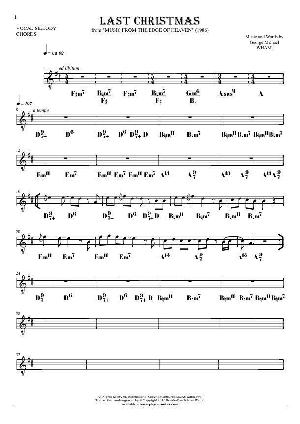 Last Christmas - Notes and chords for solo voice with accompaniment