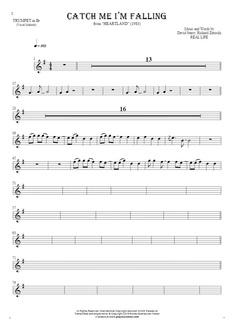 Catch Me I’m Falling - Notes for trumpet - melody line