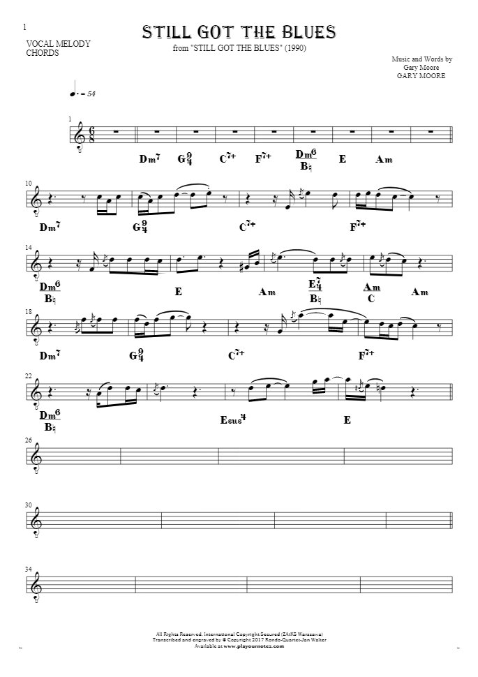 Still Got The Blues Notes And Chords For Solo Voice With Accompaniment Playyournotes