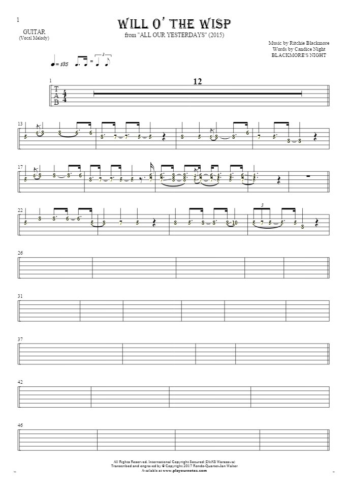 Will O' The Wisp - Tablature (rhythm. values) for guitar