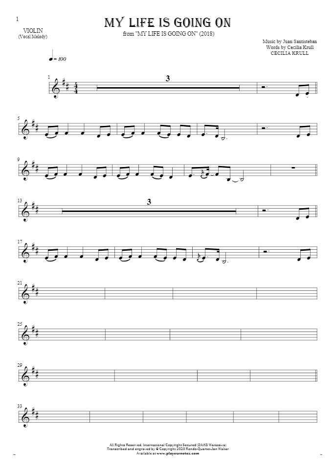 My Life Is Going On - Notes for violin - melody line