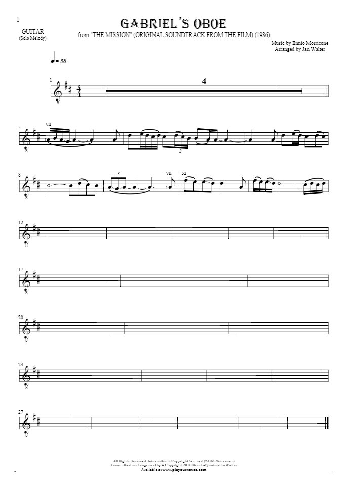 Gabriel's Oboe - Notes for guitar - melody line