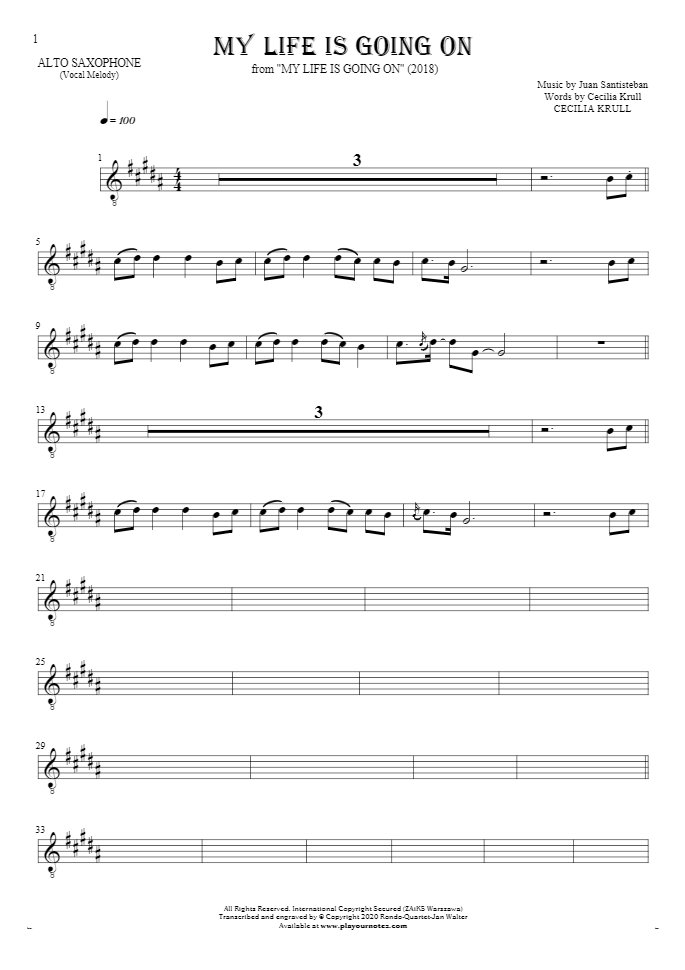 My Life Is Going On - Notes for alto saxophone - melody line