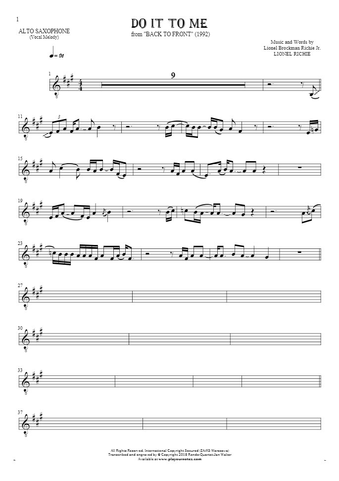 Do It To Me - Notes for alto saxophone - melody line