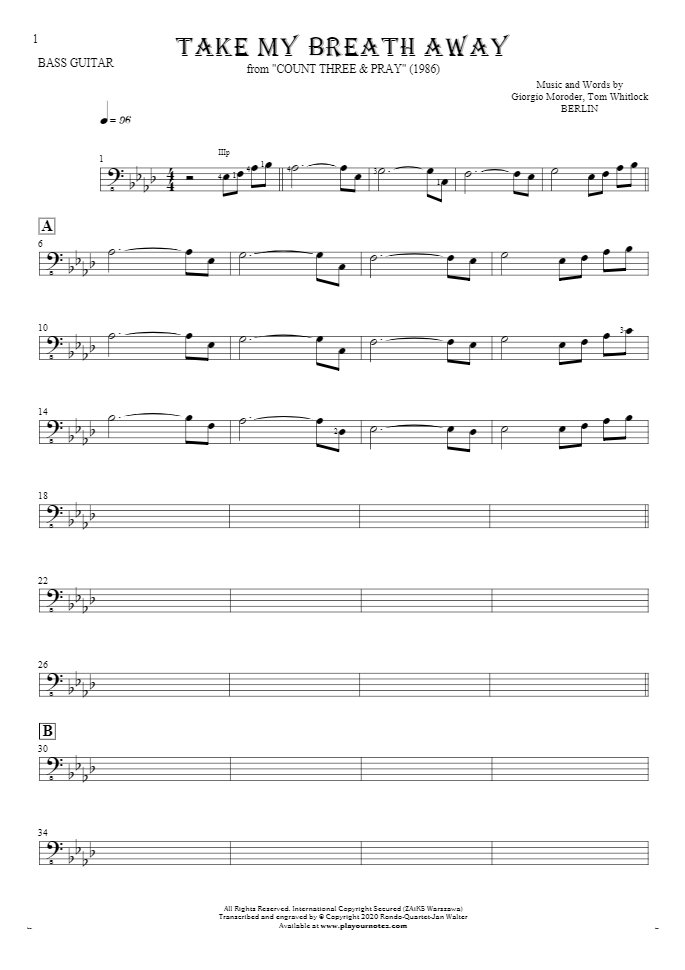 Take My Breath Away - Notes for bass guitar