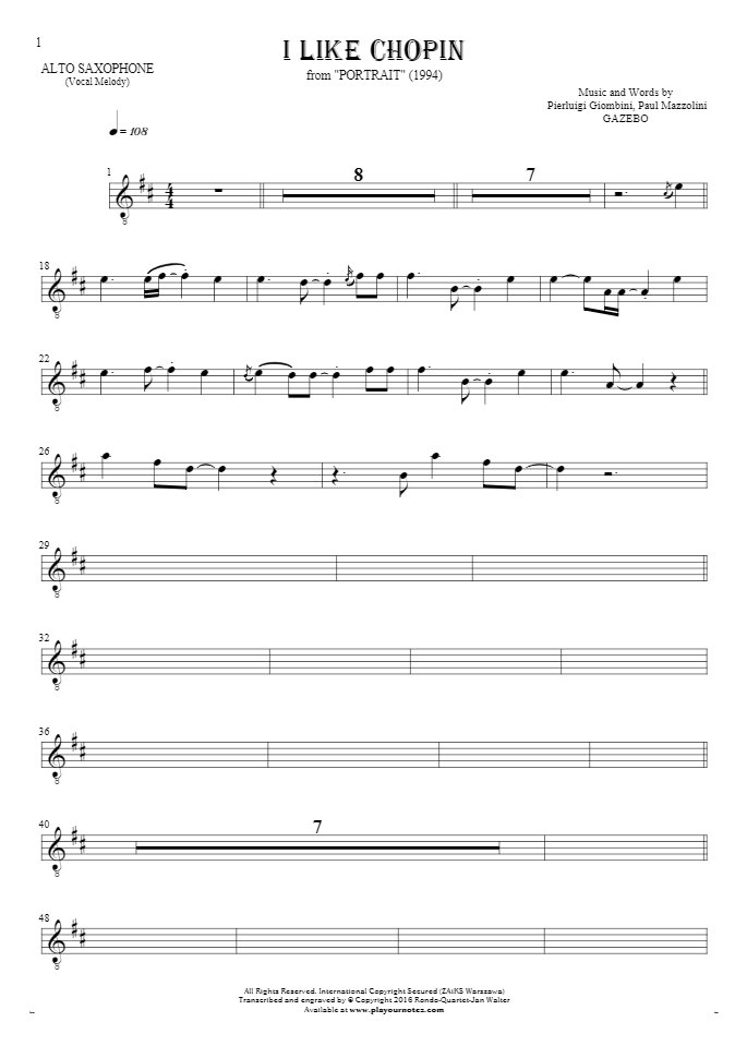 I Like Chopin - Notes for alto saxophone - melody line