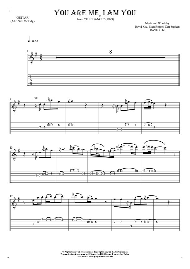 You Are Me, I Am You - Notes and tablature for guitar - saxophone part