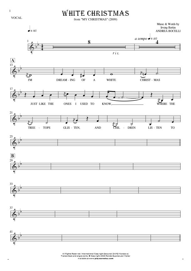 White Christmas - Notes and lyrics for vocal - melody line