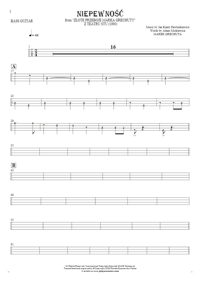 Uncertainty - Tablature (rhythm. values) for bass guitar