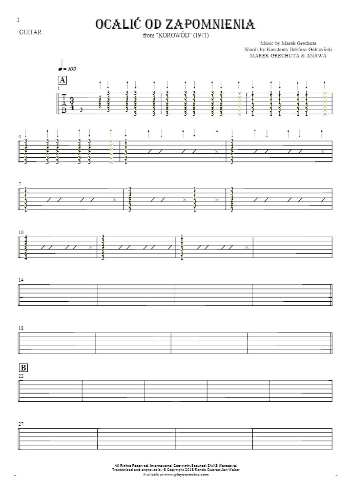 To Save from Oblivion - Tablature for guitar