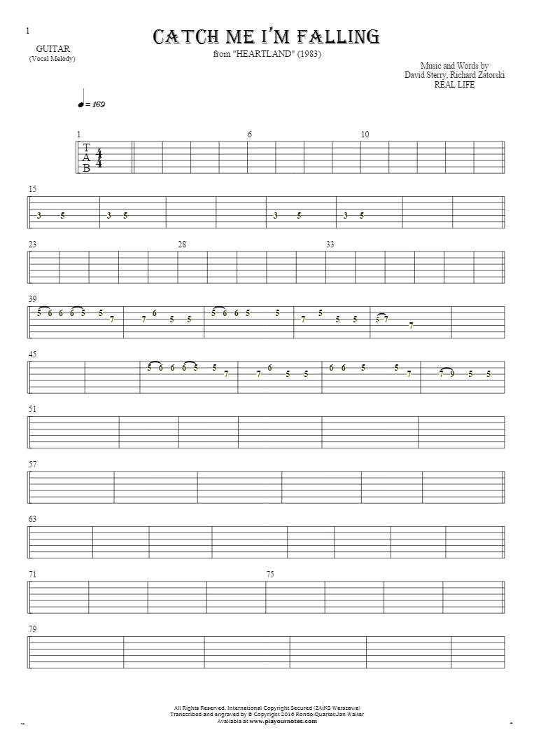 Catch Me I’m Falling - Tablature for guitar - melody line