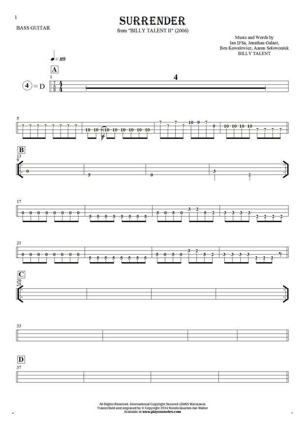 Surrender - Tablature (rhythm values) for bass guitar
