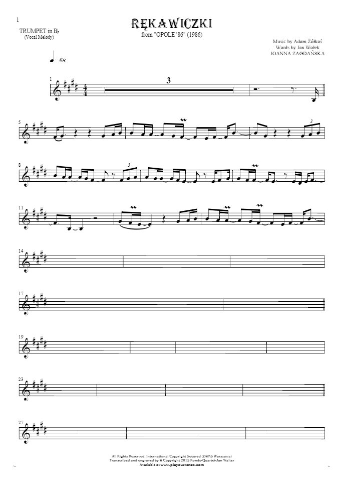 Rękawiczki - Notes for trumpet - melody line