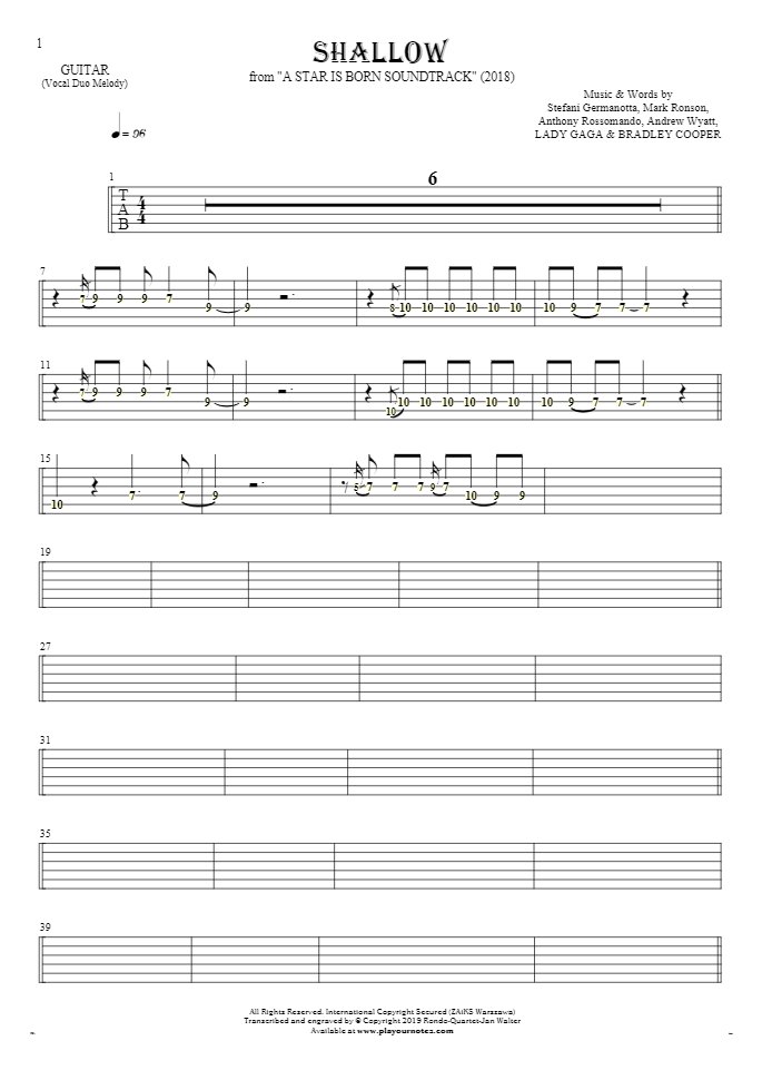 Shallow - Tabulatura (wartości rytm.) na gitarę - linia melodyczna