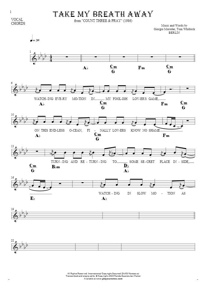 Take My Breath Away - Notes, lyrics and chords for vocal with accompaniment
