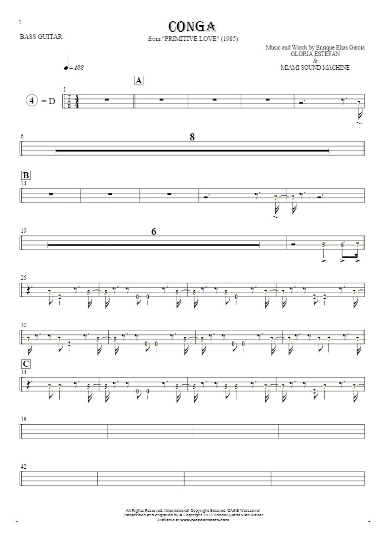Conga - Tablature (rhythm values) for bass guitar