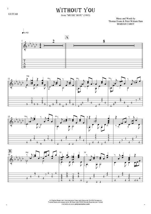 Without You - Notes and tablature for guitar