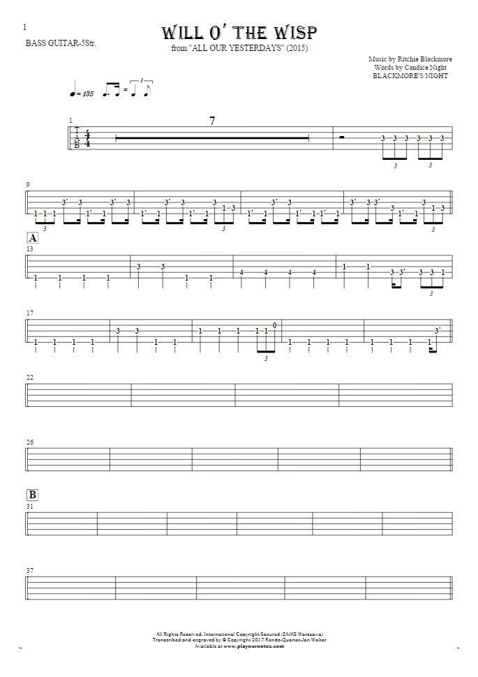 Will O' The Wisp - Tabulatura (wartości rytm.) na gitarę basową (5-str.)