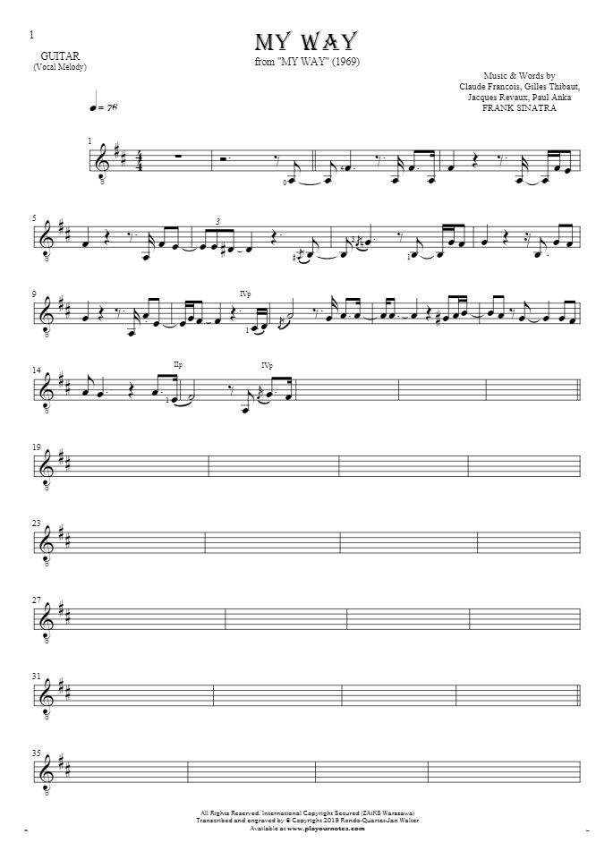 My Way - Notes for guitar - melody line