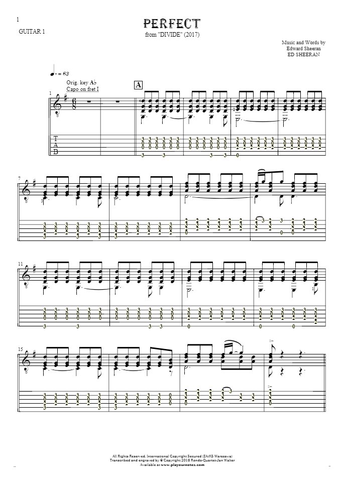 Perfect - Nuty (w transpozycji) i tabulatura na gitarę - partia gitary 1