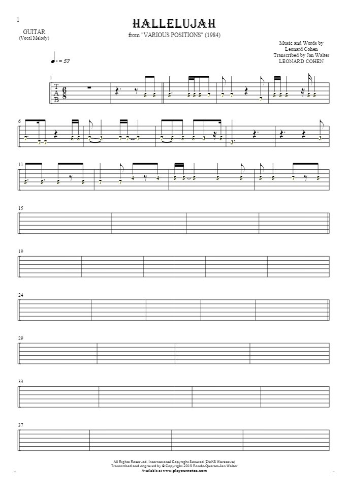 Hallelujah - Tablature (rhythm. values) for guitar - melody line