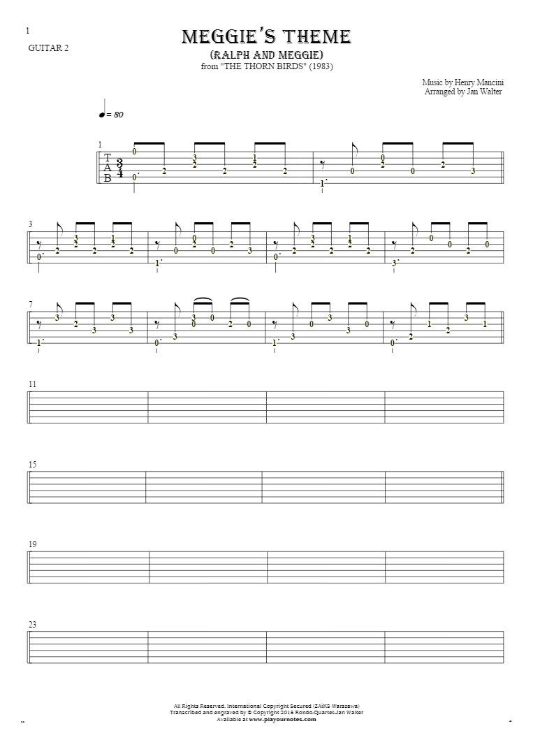 Meggie's Theme (Ralph and Meggie) - Tablature (rhythm values) for guitar - guitar 2 part