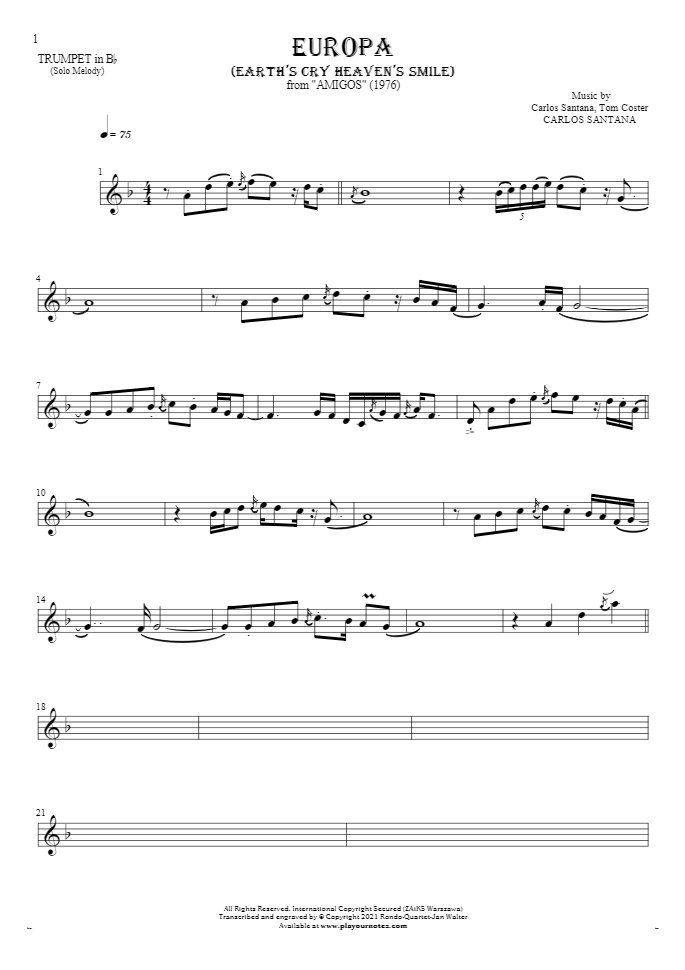 Europa (Earth's Cry Heaven's Smile) - Notes for trumpet - melody line
