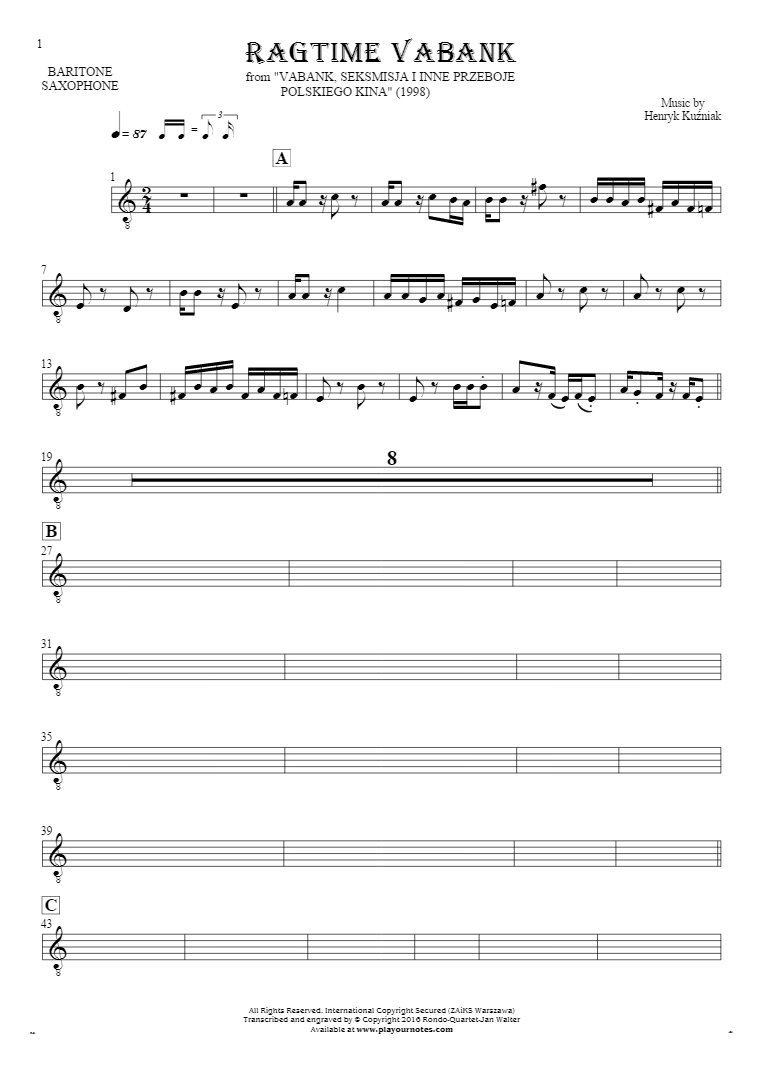 Ragtime Vabank - Notes for baritone saxophone - saxophone part
