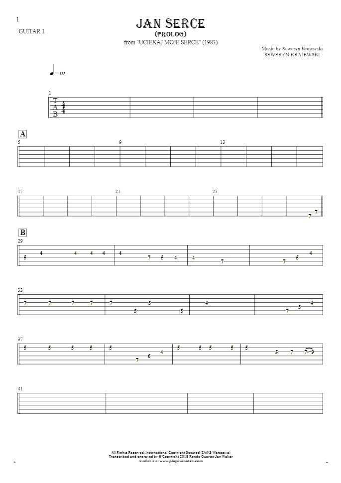 Jan Serce - Prolog - Tabulatur für Gitarre - Gitarrestimme 1