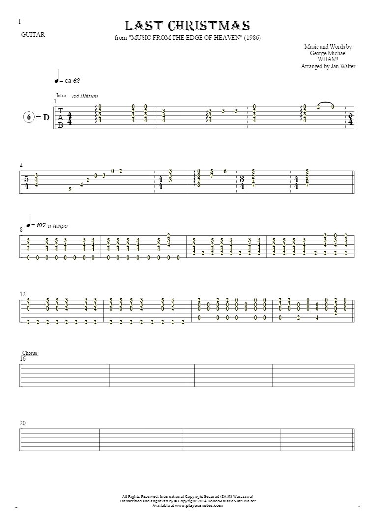 Last Christmas - Tablature for guitar solo (fingerstyle)