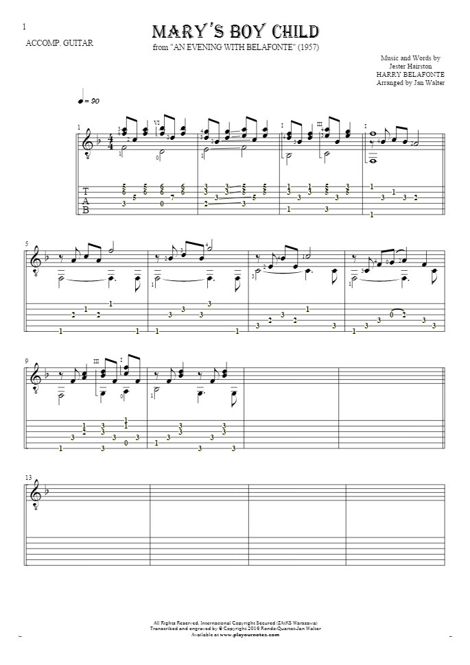 Mary's Boy Child - Notes and tablature for guitar - accompaniment