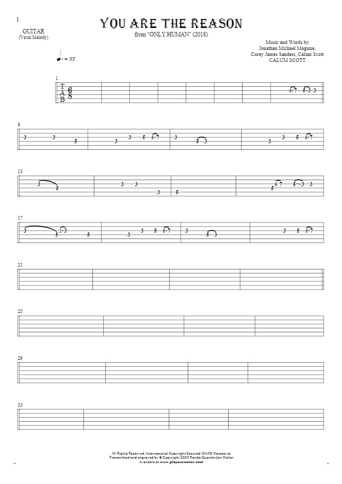 You Are The Reason - Tablature for guitar - melody line