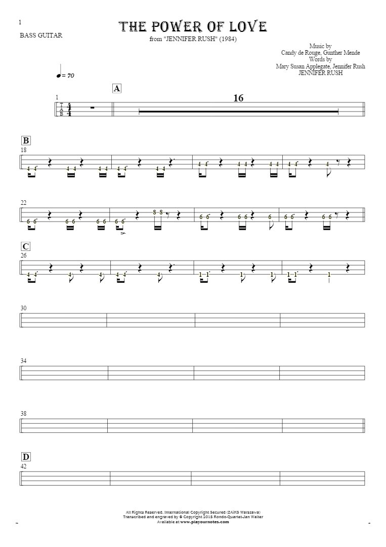 The Power Of Love - Tablature (rhythm values) for bass guitar