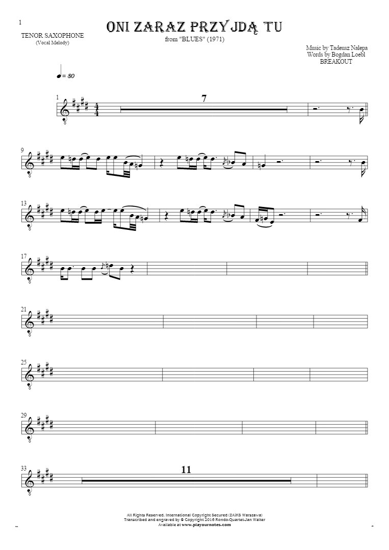 They'll be here any minute - Notes for tenor saxophone - melody line