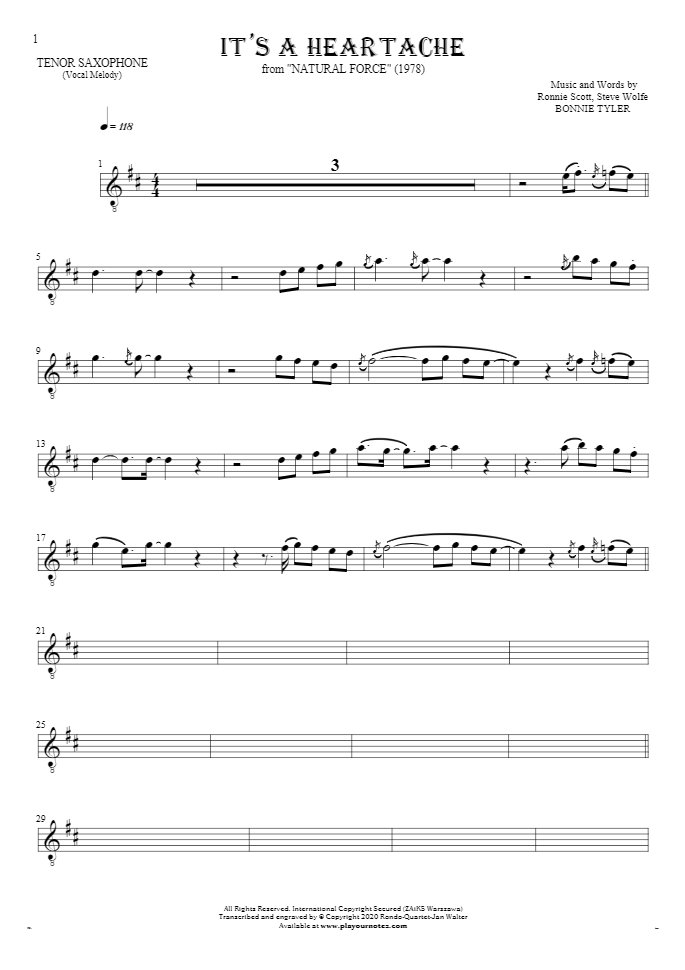 It's a Heartache - Notes for tenor saxophone - melody line