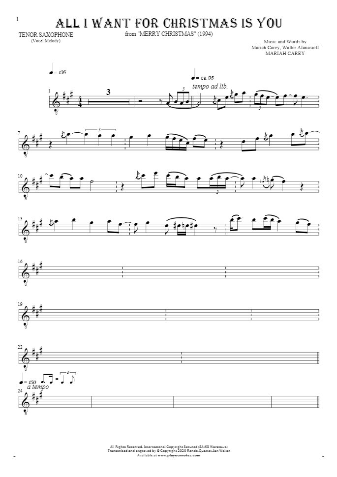 All I Want For Christmas Is You - Notes for tenor saxophone - melody line