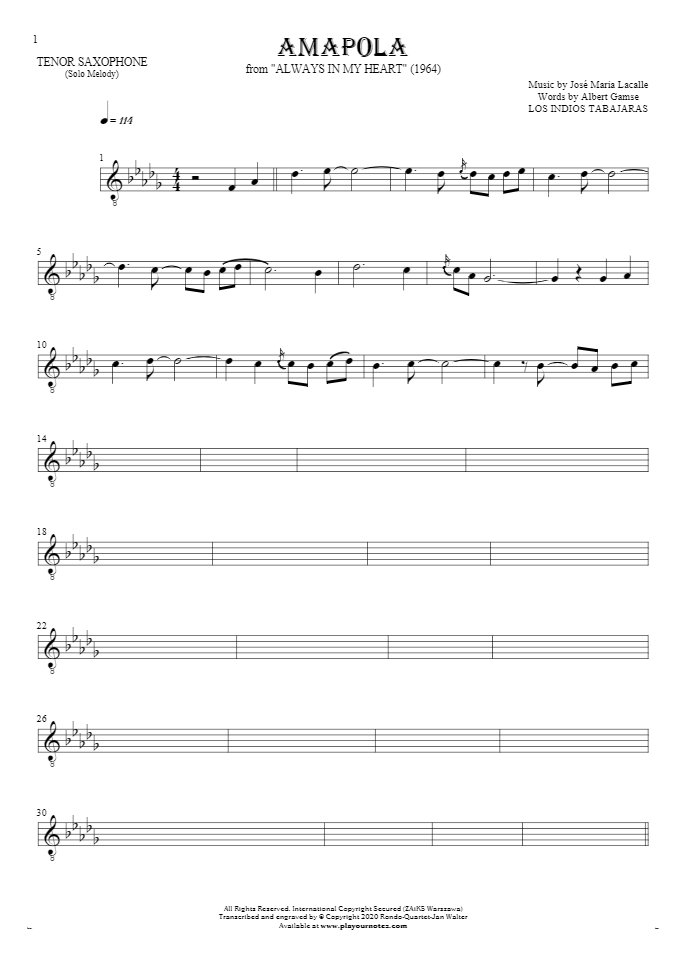 Amapola - Notes for tenor saxophone - melody line